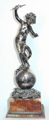 C.1930, [dated], Swedish, Sterling Silver and onyx presentation clock, with 8-day Lenzkirch lever movement, the statue and base signed by the silversmith, W. A. Bolin, Sweden's Royal Court Jeweller, plus hallmarks for1929, the movement contained in a round silver ball with rear access. — Antique Clocks Price Guide