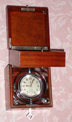 C.1915, Hamilton Watch Co., 21-jeweled 54-hour up down indicator deck watch in a gimbaled mahogany Hamilton box, with original key. Adjusted for 5 positions. Serial No. 1260636. — Antique Clocks Price Guide