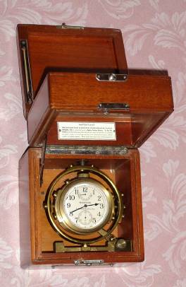 C.1942, Hamilton Watch Co., Model 22, 21-jeweled, 48-hour, up down, deck watch in a gimbaled mahogany Hamilton box. Adjusted to temperature and 6 positions. US Navy-Bu Ships 1942. The screw cap on the bottom of the case reads" MTD Watch, Bureau of Ships, U.S. Navy, 8885-1943". — Antique Clocks Price Guide