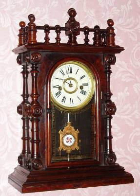 C.1880, Welch, Spring and Co., "Gerster, V.P.", 8-day time/strike mantel clock. Enclosed is a letter with the history of the owners of this clock. This clock was given to a Dr. Garben in 1940 from Mrs. Frank Gustavino Gulden, Jr., who were the same family that originated Gulden's Mustard. — Antique Clocks Price Guide