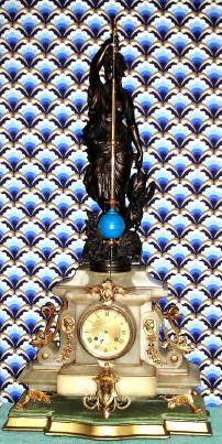 C.1880, French, Conical Pendulum clock, white marble with bronze patinated spelter statue, gilt ormolu trim on the case, and with its original gilt wood accent base.. — Antique Clocks Price Guide