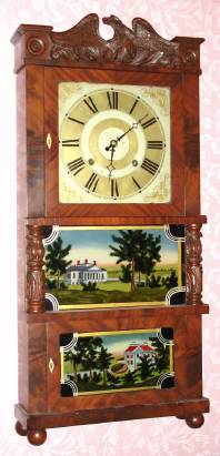 C.1833, C and L. C. Ives, Bristol, Conn., 8-day time/strike triple decker shelf clock, this actual clock pictured in Roy Ehrhardts Book 4, page 50, carved columns and splat. — Antique Clocks Price Guide