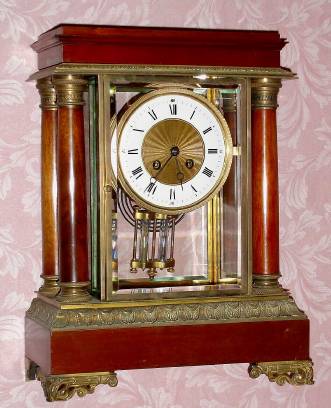 C.1900, French, Vincenti and Cie, 8-day time and strike, wood and brass crystal regulator clock, an Empire style with 4 full columns. — Antique Clocks Price Guide