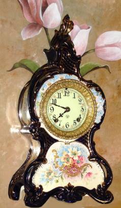 C.1895, Ansonia Clock Co., Royal Bonn "La Capelle", 8-day time/strike porcelain mantel clock, in cobalt blue with gold highlights. — Antique Clocks Price Guide