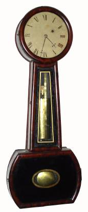 C.1840, Boston area weight banjo timepiece, of interesting construction with hinged throat and visible weight with brass cover. — Antique Clocks Price Guide