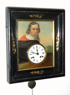 C.1900, German, V. Zimper, Neukirch, winking eye picture frame clock, with nice oil painting of a male in period dress with gray hair and beard. Time and gong strike, pin and clevis suspension, 56 hour. — Antique Clocks Price Guide