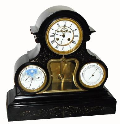 C.1890, French, Large 3-Dial perpetual calendar clock, black slate case, with open-escape bell strike movement at top, calendar to the left and Aneroid barometer to the right. — Antique Clocks Price Guide