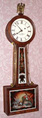 C.1840, Attleboro area Banjo clock, now restored to appear as a Willard style, 8-day, weight driven. — Antique Clocks Price Guide