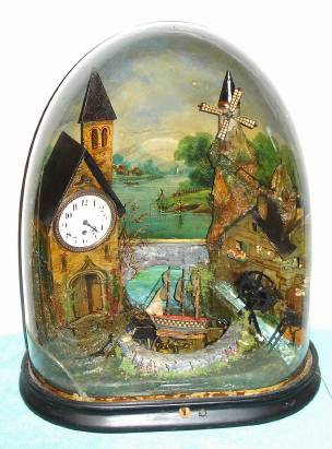 C.1870, French, Clock and Musical Automaton with pitching ship, running brook [rotating glass tube] , water wheel and windmill, under broken/taped glass dome. — Antique Clocks Price Guide