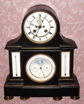 C.1885, French, Brocot [signed on Mov't], double dial perpetual calendar clock, bell strike, 8-day with center seconds hand, and C+F scale thermometers, retailed in St. Pertersbourg, Russia. — Antique Clocks Price Guide