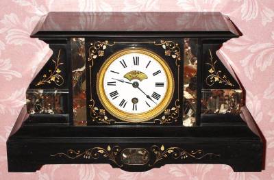 C.1895, Boston Clock Co., Boston, 8-day time/strike tandem wind lever escapement black marble mantel clock, visible lever escapement with engraved cocks. — Antique Clocks Price Guide