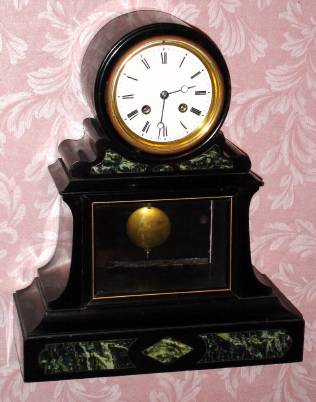 C.1900, French, Japy Freres, enameled wood case with faux marble inserts, imitation marble style, 8-day mov't. — Antique Clocks Price Guide