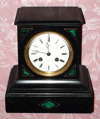 C.1900, French, Japy Freres, 8-day time and strike black marble case with malachite inserts mantel clock. — Antique Clocks Price Guide