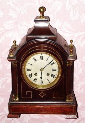 C.1900, French, Japy Freres, 8-day time and strike mahogany w/ brass inlay mantel clock, in the English style. — Antique Clocks Price Guide