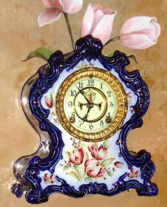 C.1901, Ansonia Clock Co., "Waco", 8-day time/strike porcelain mantel clock in cobalt blue with open escapement dial. — Antique Clocks Price Guide