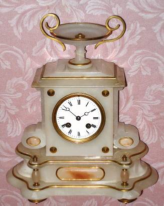 C.1900, French, 8-day time and strike, alabaster case mantel clock with ormolu trim.. — Antique Clocks Price Guide