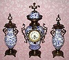 C.1900, French, Blue-White Porcelain, 3-Piece mantel set with brass trimmings, 8-day timepiece. 