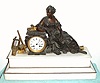 C.1880, French, Bronze and White Marble figural clock of MUSIC, with her harp and trumpet at her right. 