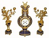 C.1890, French, Cobalt Blue Lyre clock with matching garnitures, also with cobalt blue bases [3 pieces]. 