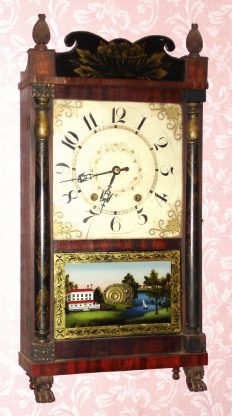 C.1830, E and G.W. Bartholomew, Bristol Conn., Pillar and splat short-drop case with 30-hr time and strike wood movement. — Antique Clocks Price Guide