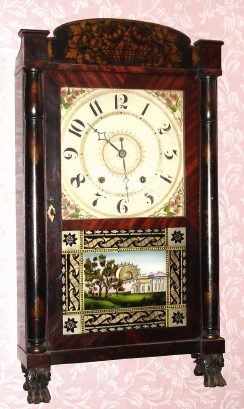 C.1830 Seth Thomas, Plymouth Conn, stenciled column and splat,30-hr time and strike wood movement, short case w/ paw feet. — Antique Clocks Price Guide