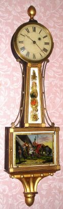 C.1840, Boston Area Banjo, Gold front, 8-day weight driven with brass side arms, gilt wood finial and bracket, unsigned. — Antique Clocks Price Guide