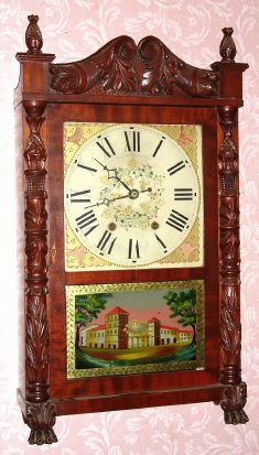 C.1833, Hopkins and Alfred, Harwinton Conn, Carved column and splat short-drop case with 30-hr time and strike wood movement. — Antique Clocks Price Guide
