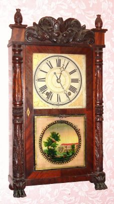 C.1833, Mitchell and Atkins, Bristol Conn, Carved column and splat, short-drop clock with 30-hr time and strike wood movement. — Antique Clocks Price Guide