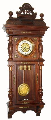 C.1880, German, Gustav Becker, 3-weight Vienna Regulator in a double door Alt Deutsch case, and with matched embossed pattern on dial center, pendulum and weights, and an old top, serial 403541 . — Antique Clocks Price Guide