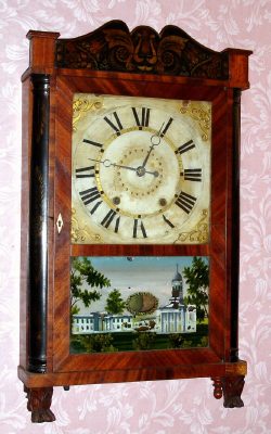 C.1833 Eli Terry Jr., Plymouth Conn, Qtr Pillar and splat short-drop shelf clock with 30-hr time and strike wood movement. — Antique Clocks Price Guide