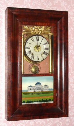 C.1842, Joseph Ives, Plainville Conn, Mahogany over-size, internal column OG clock with 8-day Ives roller pinion time and strike weight movement. — Antique Clocks Price Guide
