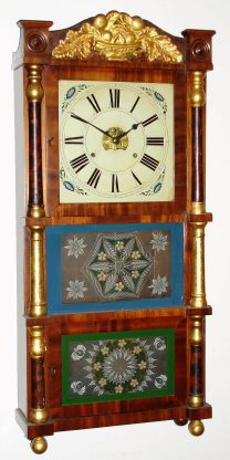 C.1852, Birge, Peck and Co., Bristol, Conn: Triple decker walnut shelf clock with 8-day time and strike strap brass movement, 2-weight. — Antique Clocks Price Guide