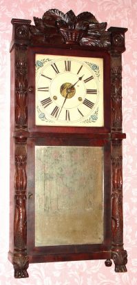 C.1849, Birge, Peck and Co., Bristol, double deck, carved column and splat, 8-day strap brass movement, and Puffin' Betsy label. — Antique Clocks Price Guide