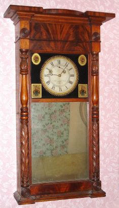 C.1830, Munger and Benedict, Auburn NY, Mahogany "Ironing Board" shelf clock with 8-day time and strike weight movement. — Antique Clocks Price Guide