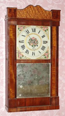 C.1835 Isaac Packard, North West Bridgewater, Mass, miniature maple and mahogany flat pillar and splat, 30-hr time and strike east-west wood movement. — Antique Clocks Price Guide