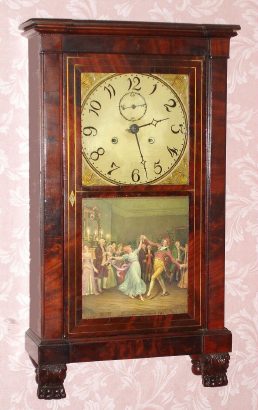 C.1825, Curtiss and Clark, Plymouth, Conn, rare 8-day miniature SPRING driven shelf clock, mahogany Empire style case with paw feet. — Antique Clocks Price Guide