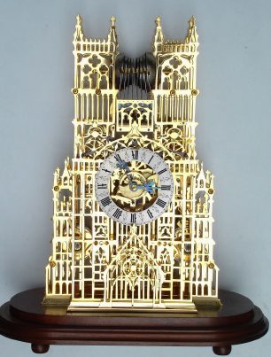 C.1870, Wm. Frederick Evans, 3-fusee  chiming on 8 bells, WESTMINSTER ABBEY, skeleton clock with dome, retailed by Wm Gibson, Belfast (engravings at bottoms of towers), and with 2 vial compensating pendulum. — Antique Clocks Price Guide