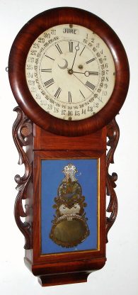 C.1875, Wm. L. Gilbert, Round Long Drop Calendar, weight driven in a rosewood case, 8-day, showing months and days of the week on a movable metal disc, better known as the Galusha Maranville calendar. — Antique Clocks Price Guide