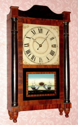 C.1830, Norris North, Torrington, Conn, Pillar and splat short-drop shelf clock with 30-hr time and strike, wood movement. — Antique Clocks Price Guide
