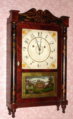 C.1833, Silas Hoadley, Plymouth, Conn, Pillar and splat shelf clock with short-drop 30-hr upside down time and strike wood movement. — Antique Clocks Price Guide
