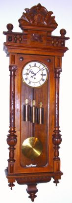 C.1880, German, Gustav Becker, 3-Wt, Grand Sonnerie, wall clock in a walnut case in original condition with original carved top, quarter strike on rods.. — Antique Clocks Price Guide