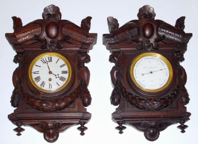 C.1875, French, Roblin and Fils, Clock and Barometer Cartel Set, in carved oak, the clock an 8-day timepiece, and the barometer an Aneroid model, a pair of lions adorn the sides of each. — Antique Clocks Price Guide