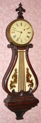 C.1830, Boston Area Lyre banjo, in a mahogany case, 1-wt, 8-day with restorations. — Antique Clocks Price Guide