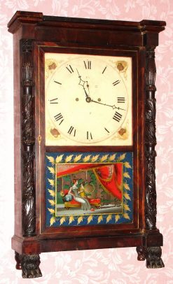 C.1822, Remmele and Burnham, Salem Bridge, carved column shelf clock, 8-day, 2-wt, rack striking. — Antique Clocks Price Guide