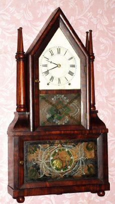 C.1848, Birge and Fuller, Bristol, Conn, steeple on case with candlesticks with an 8-day time and strike wagon spring movement. — Antique Clocks Price Guide