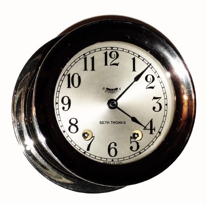 C.1938, Seth Thomas, SHIP'S BELL No. 4, with an 8-day 7-jewel movement, in a heavy cast brass case with Chrome finish, highly polished, and with screw on bezel. — Antique Clocks Price Guide
