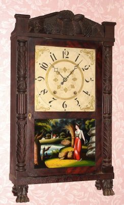C.1835, R.E. Northrop, New Haven, Conn, Carved column and splat short-drop shelf clock with 30-hr time and strike wood movement. — Antique Clocks Price Guide