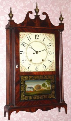 C.1827 E. Terry and Sons, Plymouth, Conn. Pillar and scroll with 30-hr time and strike wood movement. — Antique Clocks Price Guide
