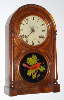 C.1873, Atkins Clock Co., Bristol, Conn, Round Top No. 1, walnut veneer shelf clock, 8-day, gold foil tablet. — Antique Clocks Price Guide