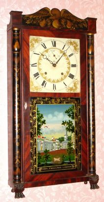 C.1829, E. Terry and Sons, Plymouth, Conn, Stenciled pillar and splat shelf clock with 8-day time and strike wood movement (mahogany plates). — Antique Clocks Price Guide